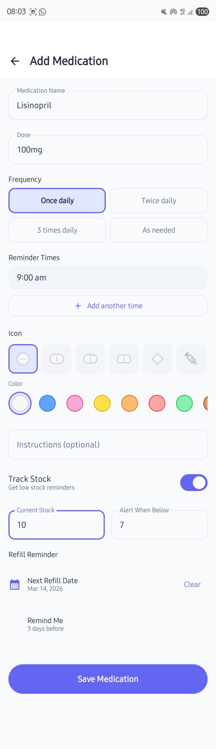 MedChime add medication and stock tracking screen
