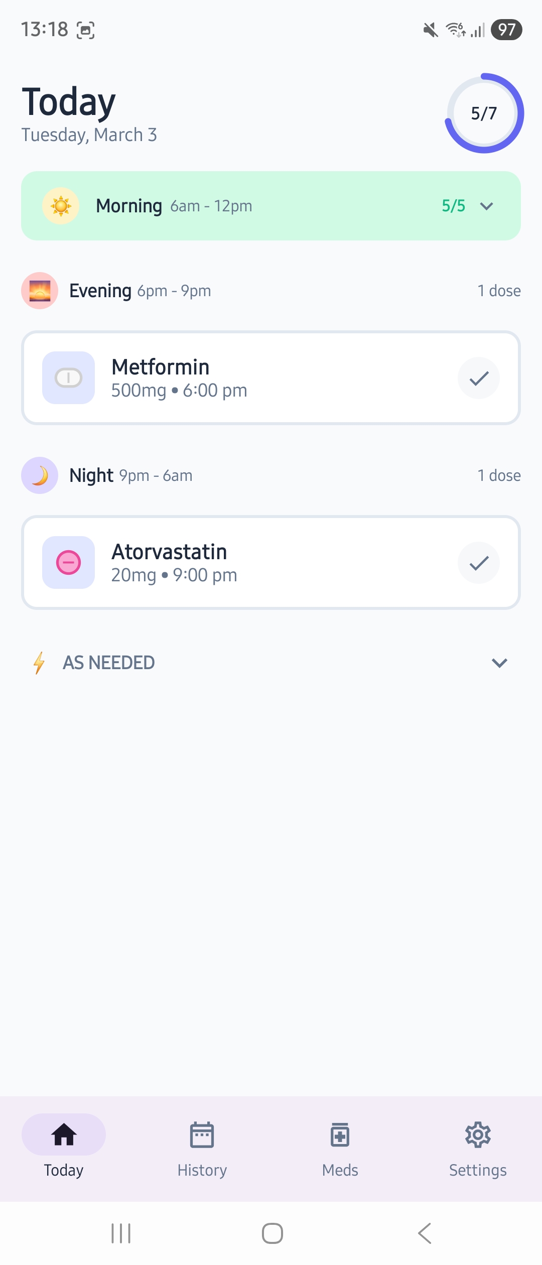 MedChime Today screen with completed morning section
