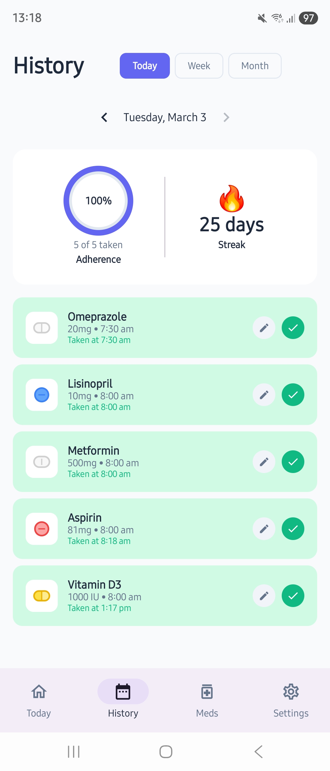 MedChime History Today view with dose list